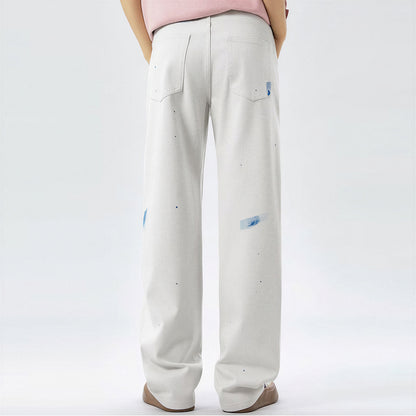 Men's Spring Off-White Blue Splatter Print Straight Jeans