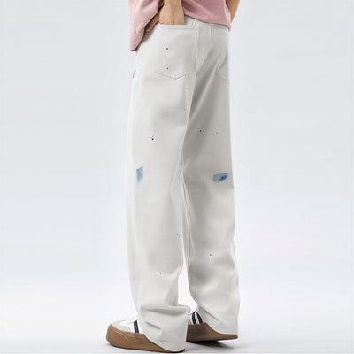 Men's Spring Off-White Blue Splatter Print Straight Jeans
