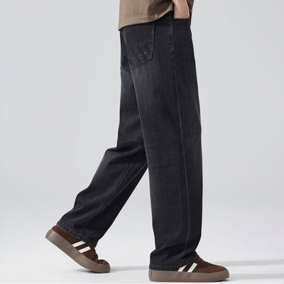 Men's Spring Black-Grey Washed Straight Denim Jeans