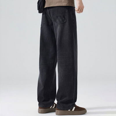 Men's Spring Black-Grey Washed Straight Denim Jeans
