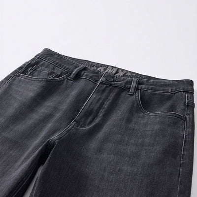 Men's Spring Black-Grey Washed Straight Denim Jeans