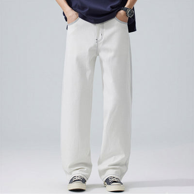 Men's Spring White Contrast Stitch Straight Denim Jeans