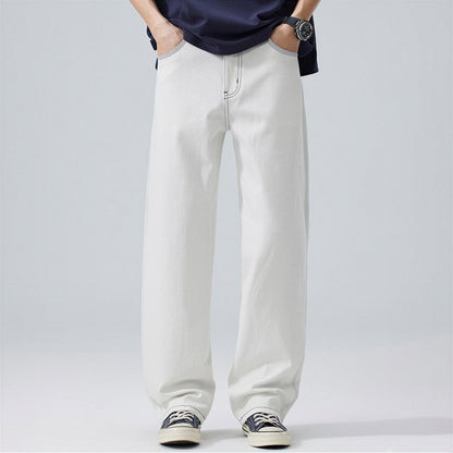 Men's Spring White Contrast Stitch Straight Denim Jeans