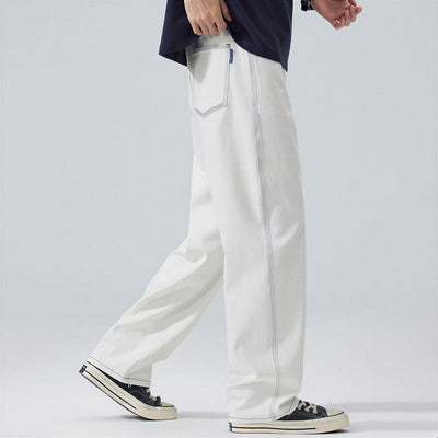 Men's Spring White Contrast Stitch Straight Denim Jeans