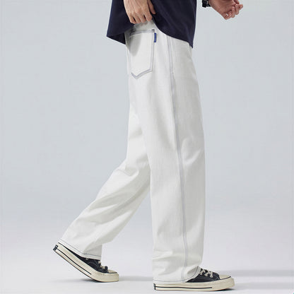 Men's Spring White Contrast Stitch Straight Denim Jeans