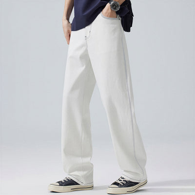 Men's Spring White Contrast Stitch Straight Denim Jeans