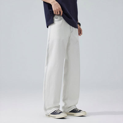 Men's Spring White Contrast Stitch Straight Denim Jeans