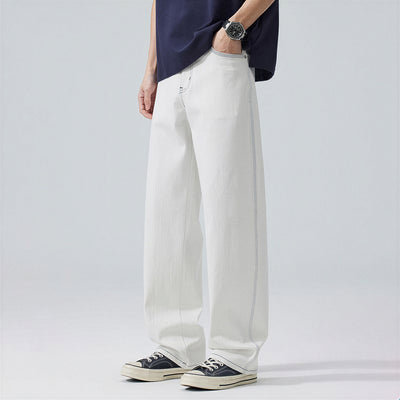 Men's Spring White Contrast Stitch Straight Denim Jeans