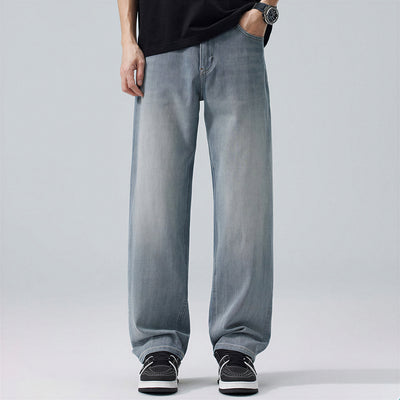 Men's Spring Light Blue Embroidered Straight Denim Jeans