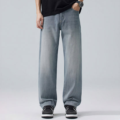 Men's Spring Light Blue Embroidered Straight Denim Jeans