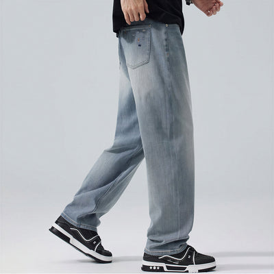 Men's Spring Light Blue Embroidered Straight Denim Jeans