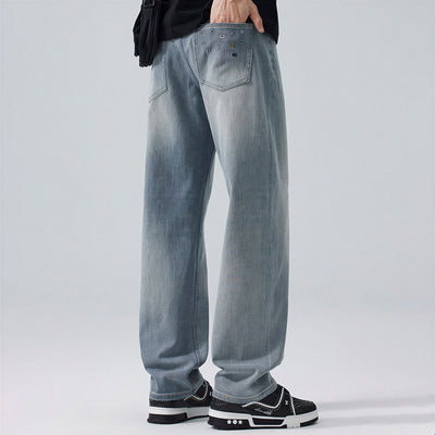 Men's Spring Light Blue Embroidered Straight Denim Jeans