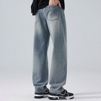 Men's Spring Light Blue Embroidered Straight Denim Jeans