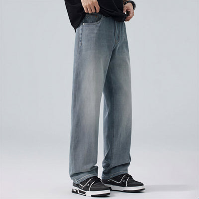 Men's Spring Light Blue Embroidered Straight Denim Jeans