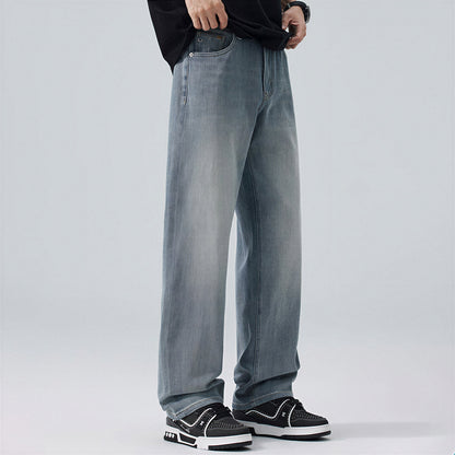 Men's Spring Light Blue Embroidered Straight Denim Jeans