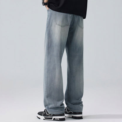 Men's Spring Light Blue Embroidered Straight Denim Jeans