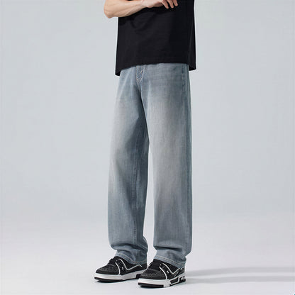 Men's Spring Light Blue Embroidered Straight Denim Jeans