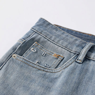 Men's Spring Light Blue Embroidered Straight Denim Jeans