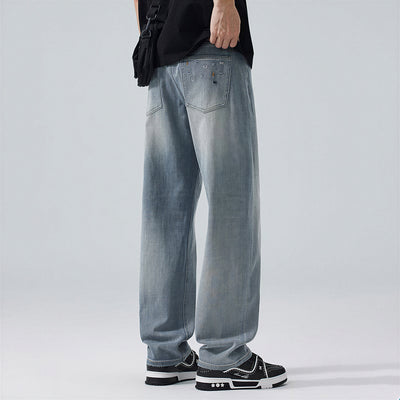 Men's Spring Light Blue Embroidered Straight Denim Jeans