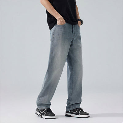Men's Spring Light Blue Embroidered Straight Denim Jeans