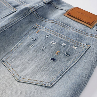 Men's Spring Light Blue Embroidered Straight Denim Jeans