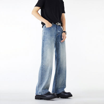 Men's Spring Blue Splatter Print Straight Leg Denim Jeans