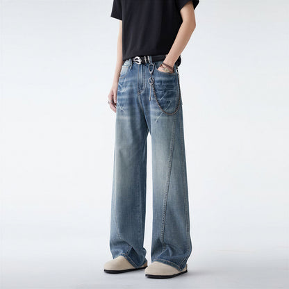 Men's Spring Blue Washed Straight Leg Denim Jeans