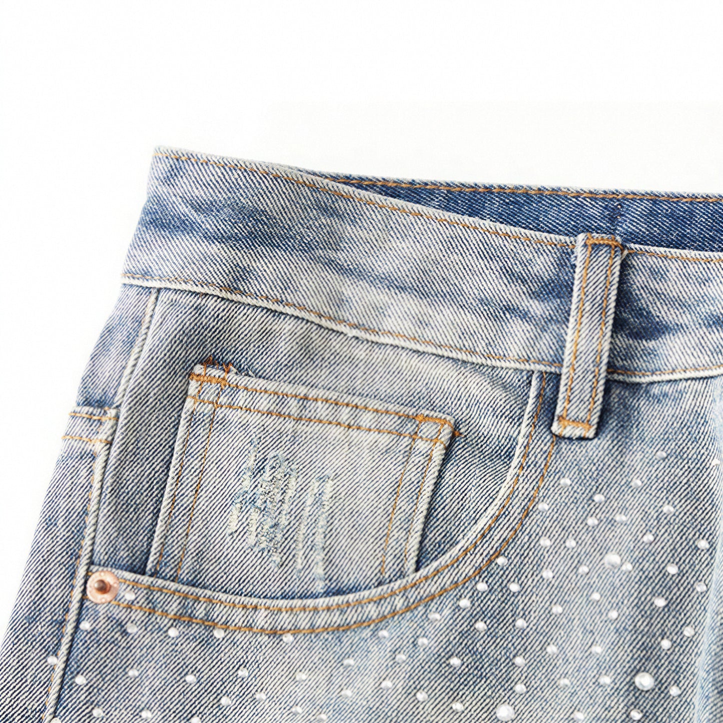 Men's Spring Light Blue Ripped Rhinestone Cross Jeans