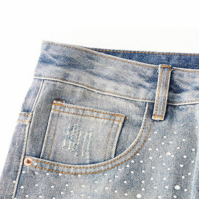 Men's Spring Light Blue Ripped Rhinestone Cross Jeans