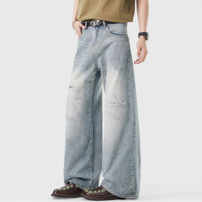 Men's Spring Light Blue Ripped Rhinestone Cross Jeans