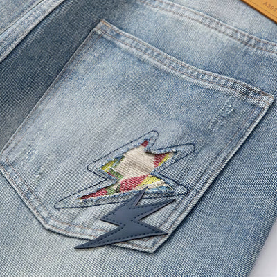 Men's Spring Light Blue Ripped Lightning Patch Jeans