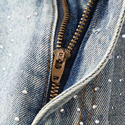 Men's Spring Light Blue Ripped Rhinestone Cross Jeans