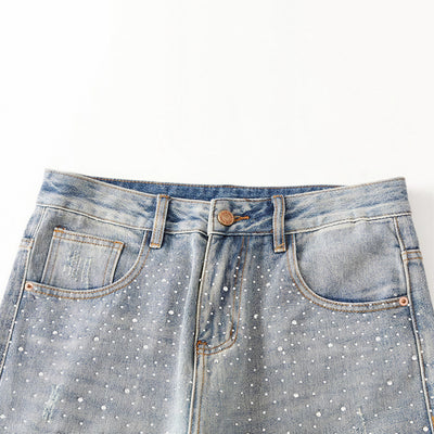 Men's Spring Light Blue Ripped Rhinestone Cross Jeans