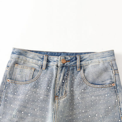 Men's Spring Light Blue Ripped Rhinestone Cross Jeans