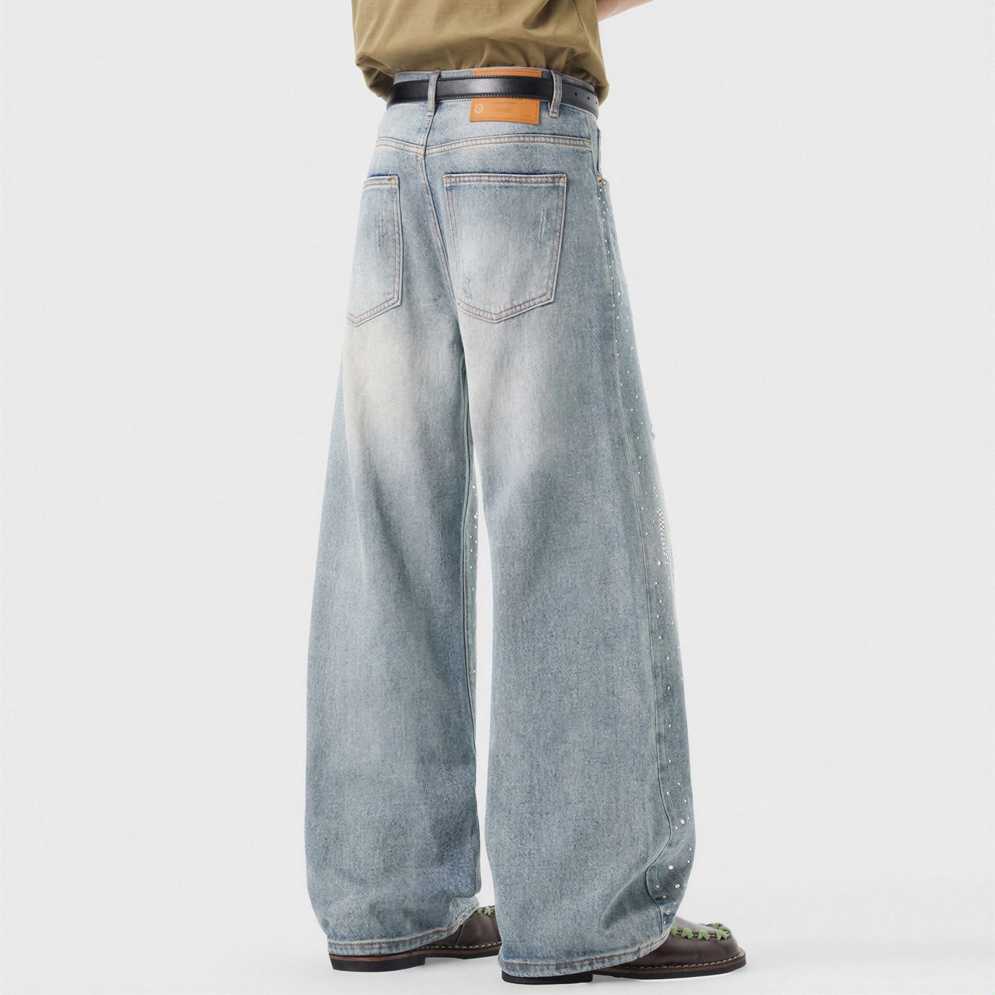 Men's Spring Light Blue Ripped Rhinestone Cross Jeans