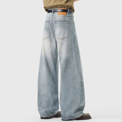 Men's Spring Light Blue Ripped Rhinestone Cross Jeans