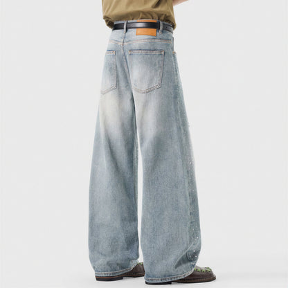 Men's Spring Light Blue Ripped Rhinestone Cross Jeans