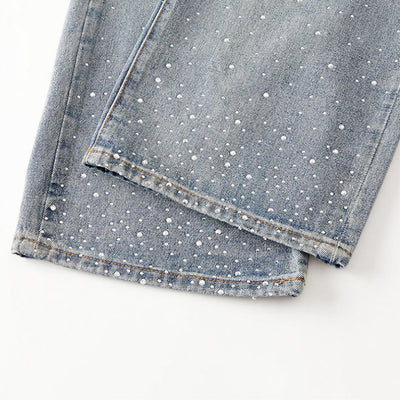 Men's Spring Light Blue Ripped Rhinestone Cross Jeans