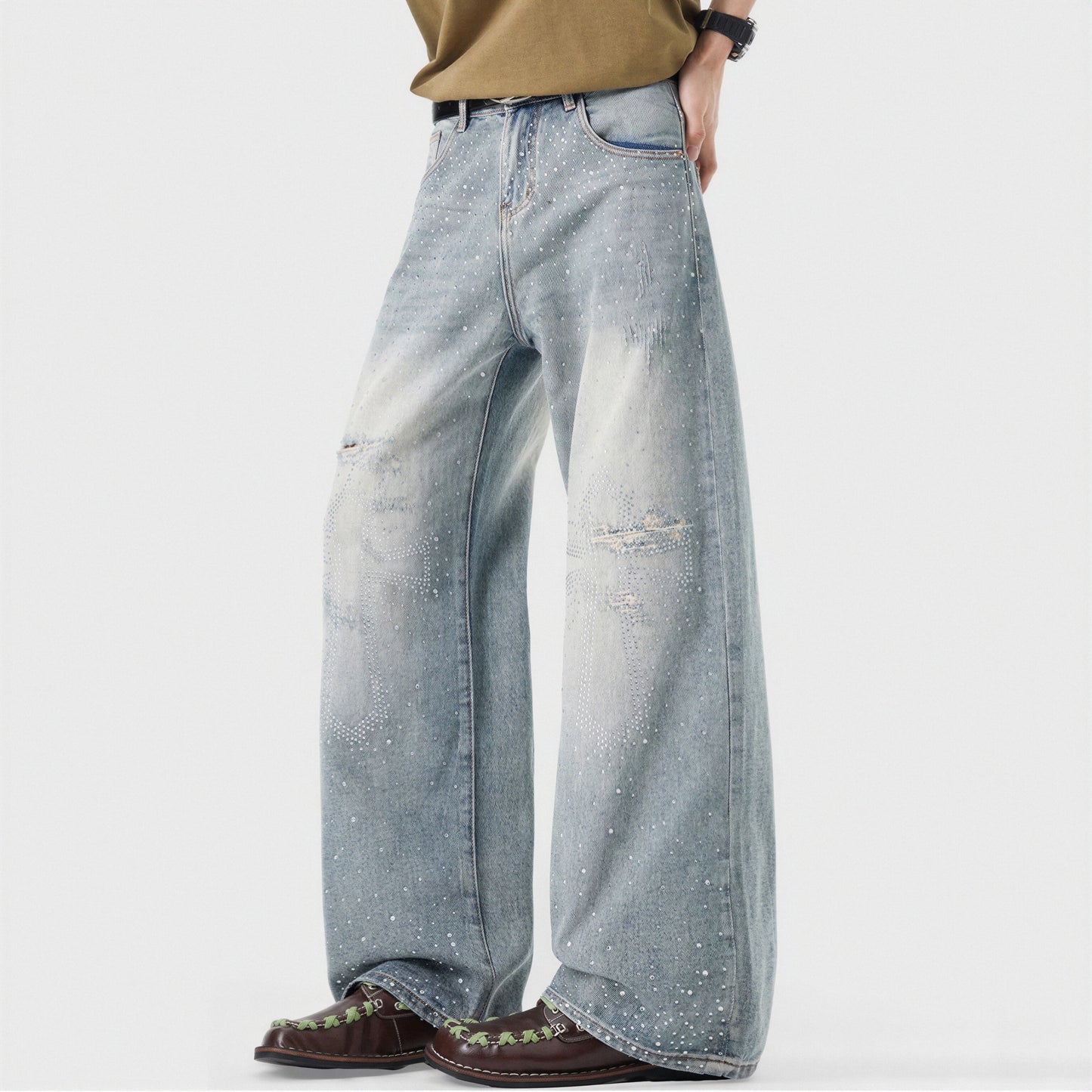 Men's Spring Light Blue Ripped Rhinestone Cross Jeans