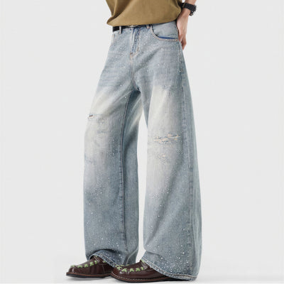 Men's Spring Light Blue Ripped Rhinestone Cross Jeans