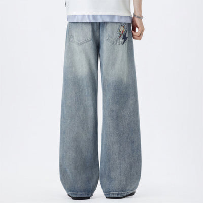 Men's Spring Light Blue Ripped Lightning Patch Jeans