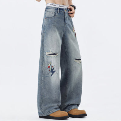 Men's Spring Light Blue Ripped Lightning Patch Jeans