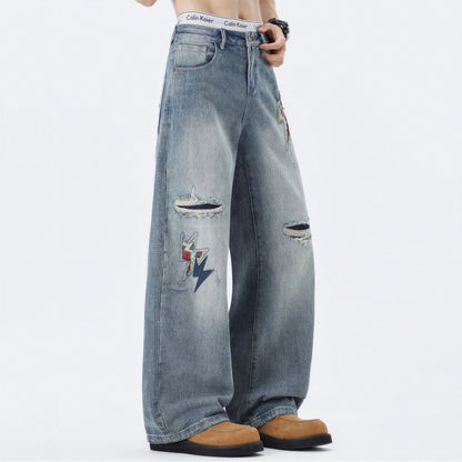 Men's Spring Light Blue Ripped Lightning Patch Jeans