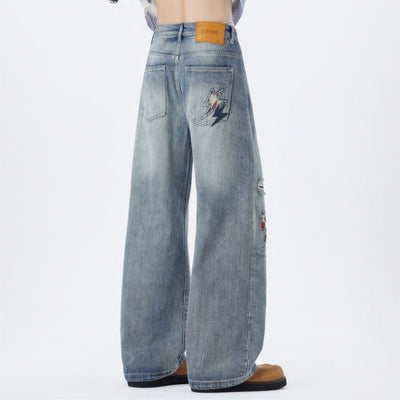 Men's Spring Light Blue Ripped Lightning Patch Jeans