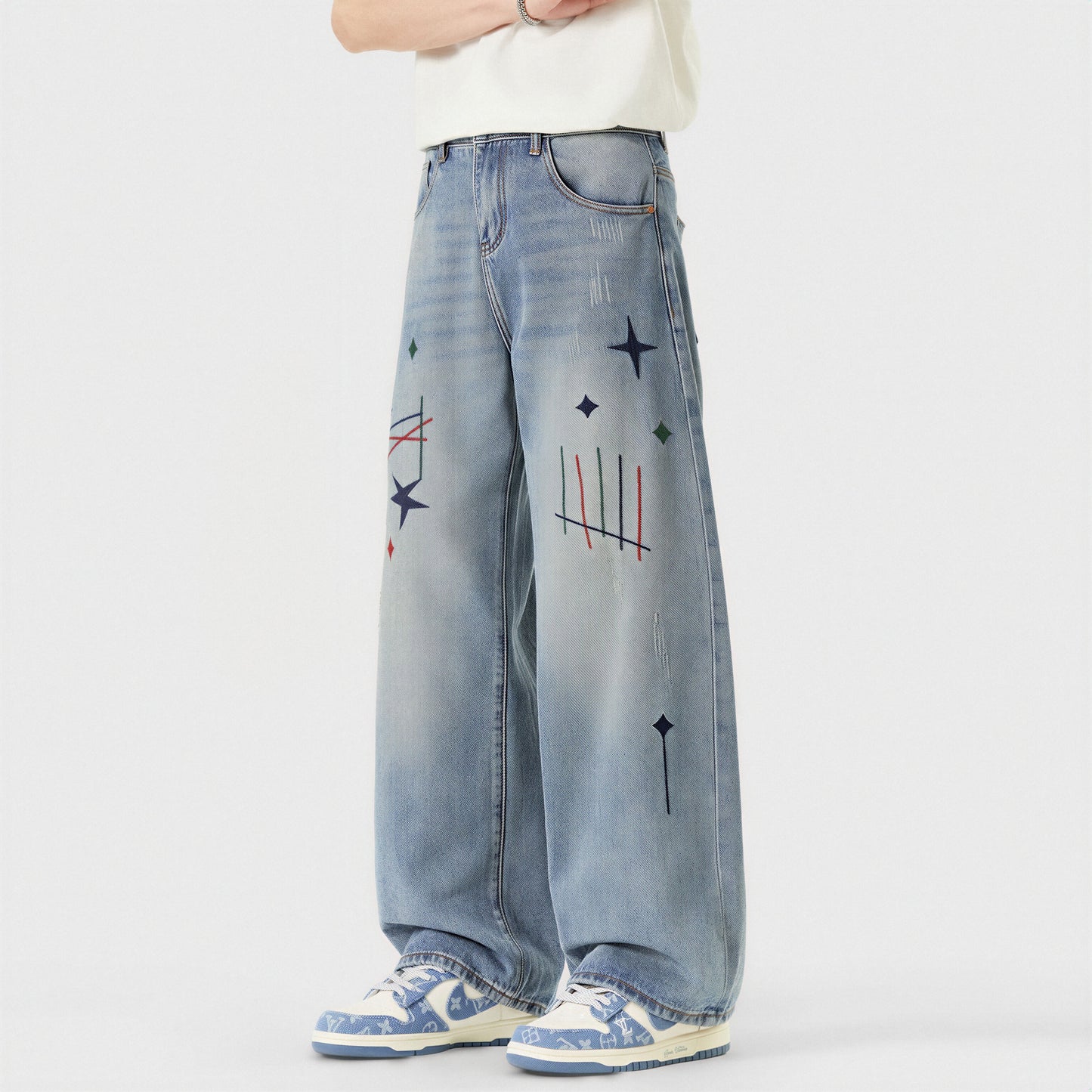 Men's Spring Light Blue Graffiti Embroidered Wide Leg Jeans