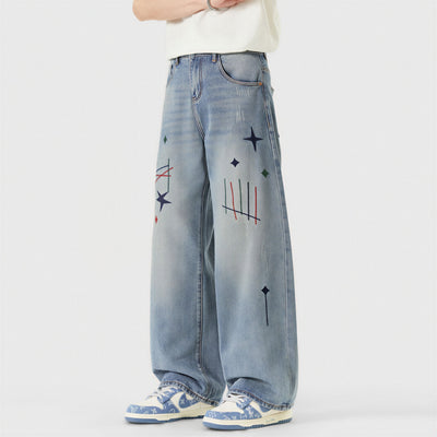 Men's Spring Light Blue Graffiti Embroidered Wide Leg Jeans