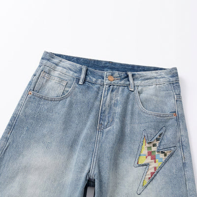 Men's Spring Light Blue Ripped Lightning Patch Jeans