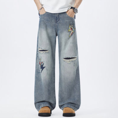 Men's Spring Light Blue Ripped Lightning Patch Jeans