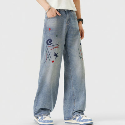 Men's Spring Light Blue Graffiti Embroidered Wide Leg Jeans
