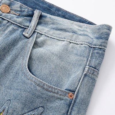 Men's Spring Light Blue Ripped Lightning Patch Jeans